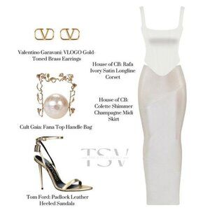 House of CB Rafa Ivory Satin Corset &  Colette Champagne Midi Skirt Medium